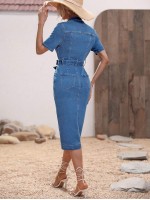 Frenchy Solid Color Button Up Sleeve With Pocket Belted Denim Dress