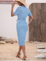 Frenchy Ladies Short Sleeve Denim Dress With Belt And Single Breasted Closure Summer