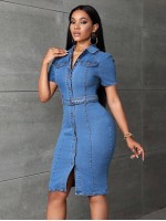 SXY Flap Detail Button Front Belted Denim Dress