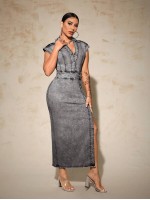 SXY Women s Plain Simple Everyday Jeans Dress With Slit