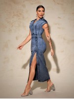 SXY Women s Simple Solid Color Daily Wear Split Denim Dress