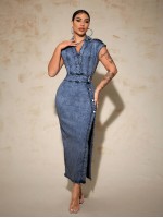 SXY Women s Simple Solid Color Daily Wear Split Denim Dress