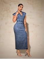 SXY Women s Simple Solid Color Daily Wear Split Denim Dress