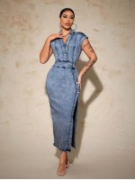 SXY Women s Solid Color Simple Daily Split Denim Dress