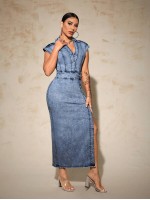 SXY Women s Solid Color Simple Daily Split Denim Dress