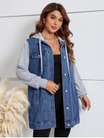 Colorblock Drawstring Hooded Denim Jacket