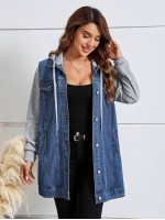 Colorblock Drawstring Hooded Denim Jacket