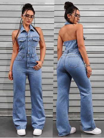 ICON Women s Summer Button Placket Casual Halter Washed Denim Jumpsuit