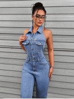 ICON Women s Summer Button Placket Casual Halter Washed Denim Jumpsuit