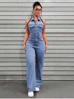 ICON Women s Summer Button Placket Casual Halter Washed Denim Jumpsuit