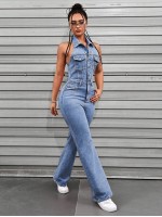 ICON Women s Summer Button Placket Casual Halter Washed Denim Jumpsuit