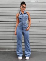 ICON Women s Summer Button Placket Casual Halter Washed Denim Jumpsuit