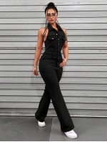 ICON Women s Solid Color Halter Neck Washed Denim Jumpsuit