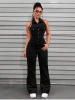 ICON Women s Solid Color Halter Neck Washed Denim Jumpsuit