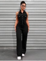 ICON Women s Solid Color Halter Neck Washed Denim Jumpsuit