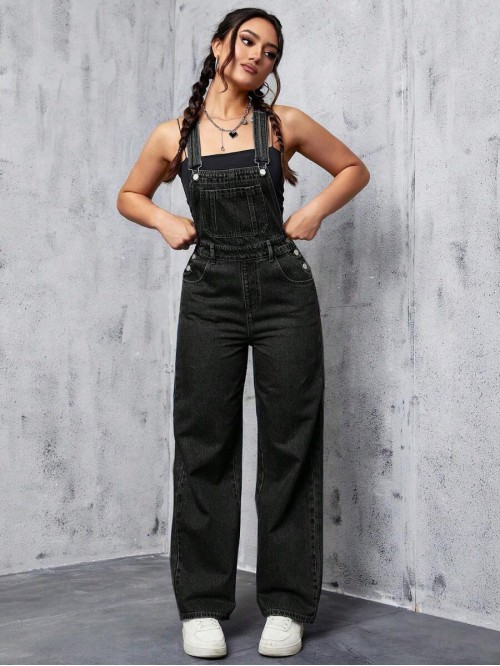 Solid Pocket Front Denim Overalls Without Tank Top