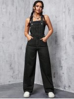 Solid Pocket Front Denim Overalls Without Tank Top