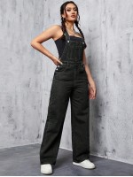 Solid Pocket Front Denim Overalls Without Tank Top