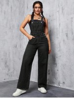 Solid Pocket Front Denim Overalls Without Tank Top