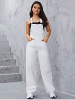 Casual Solid Color Patchwork Pocket Denim Overalls