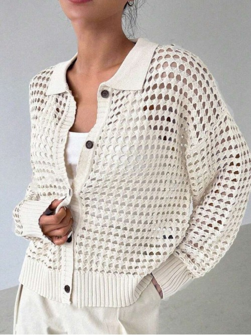 Women s Button Down V Neck Hollow Out Knitting Cardigan